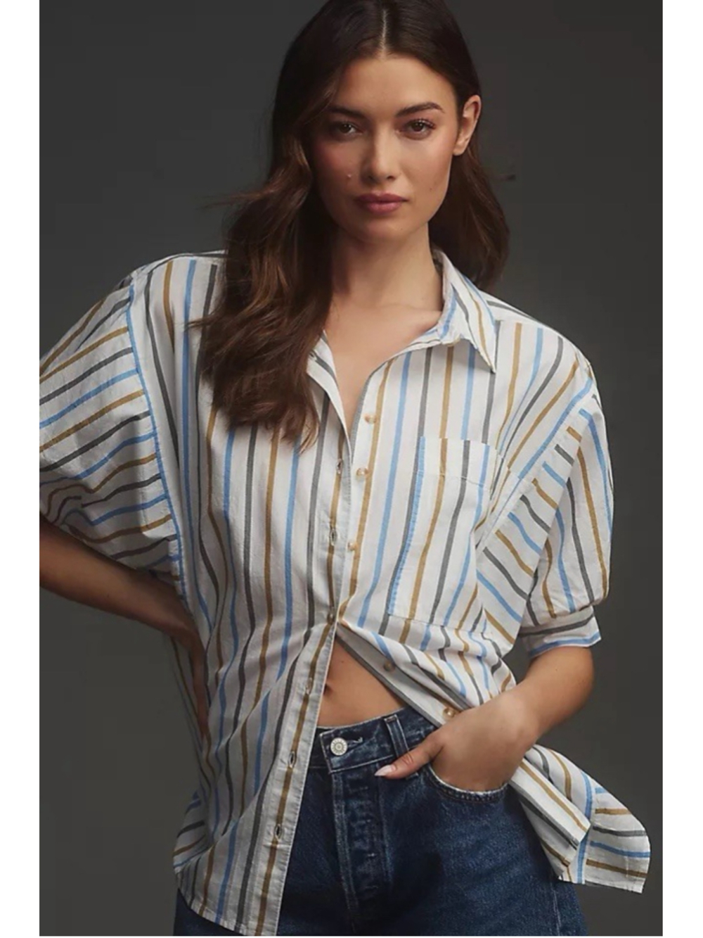Anthropologie Pilcro Painter Button Down Shirt Neutral Stripes Cotton S